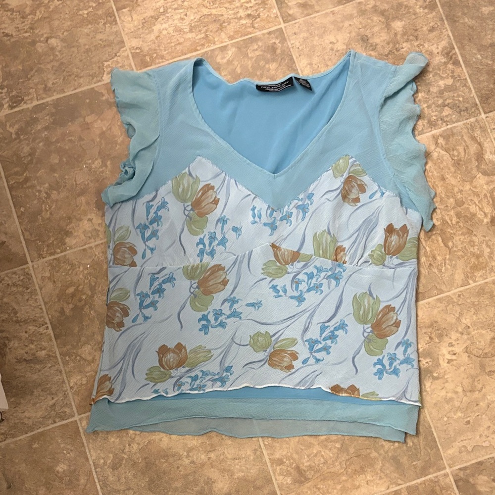 Light Blue Floral V-Neck Ruffle Sleeve Camisole